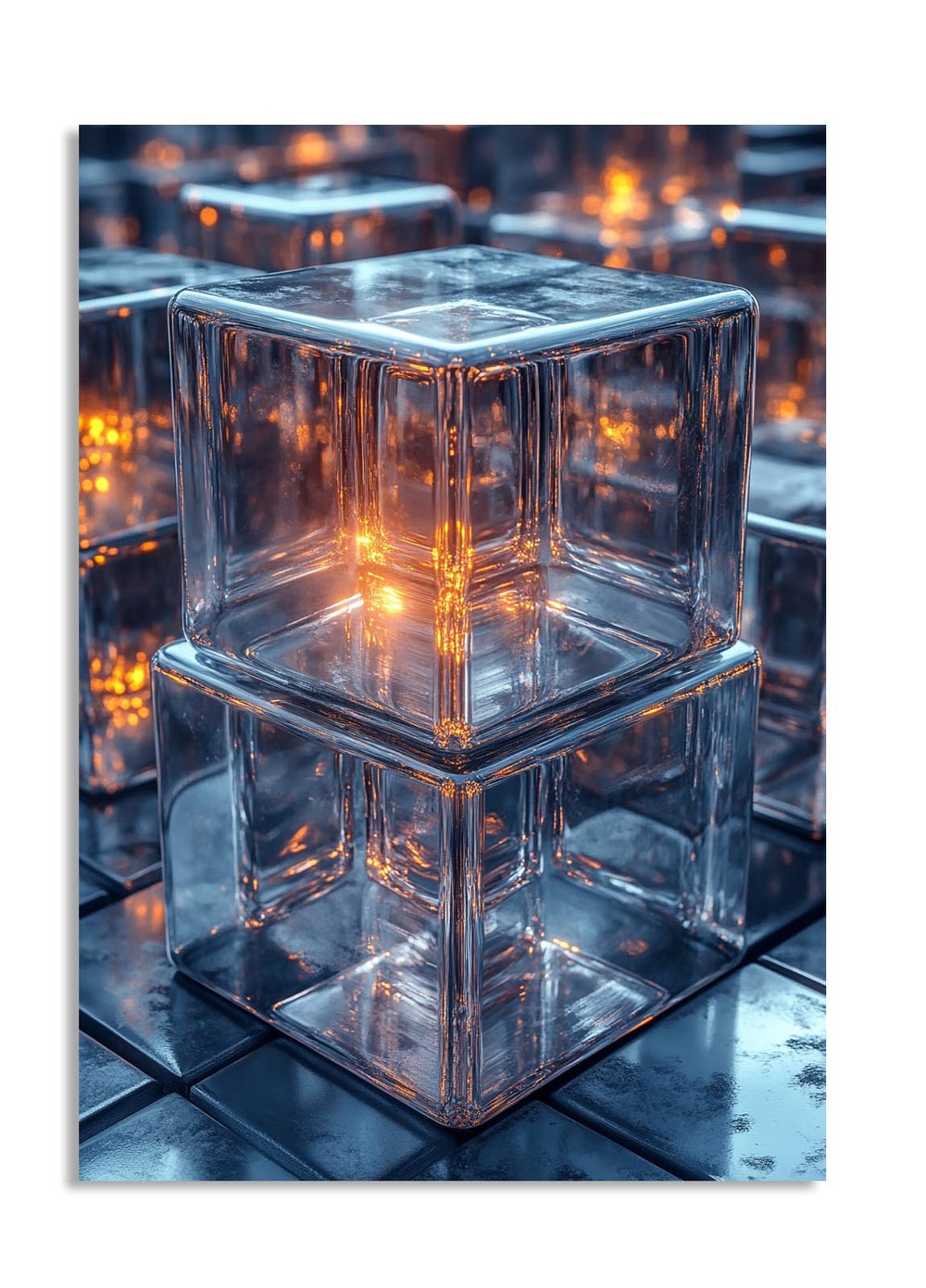 Stack of clear glass cubes on a reflective surface with warm light reflections, as a premium aluminum metal print from GoMetalPrint.
