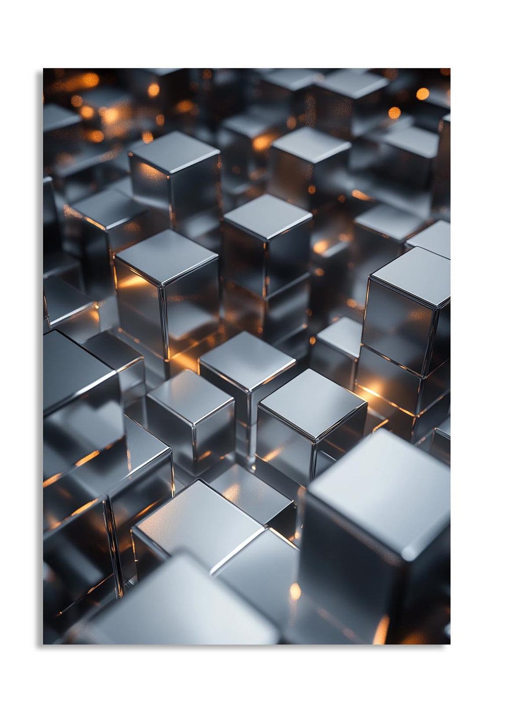 Close-up of reflective metallic cubes with a blurred background, as a premium aluminum metal print from GoMetalPrint.
