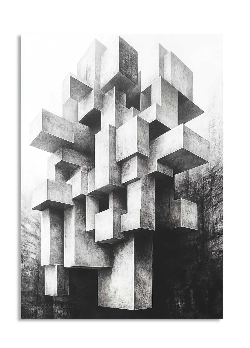 Black and white geometric abstract sculpture with a forest background, as a premium aluminum metal print from GoMetalPrint.
