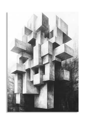 Black and white geometric abstract sculpture with a forest background, as a premium aluminum metal print from GoMetalPrint.
