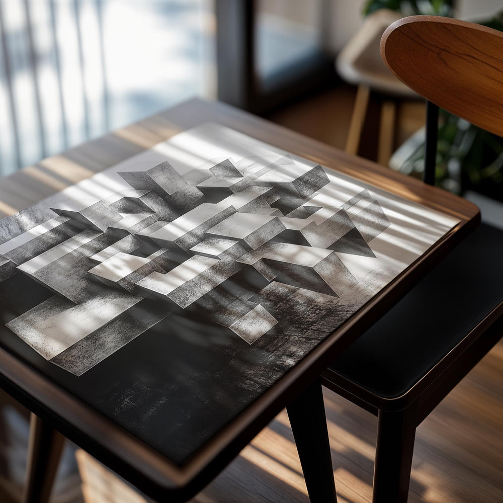 Black and white geometric abstract sculpture with a forest background, as a premium aluminum metal print from GoMetalPrint.
