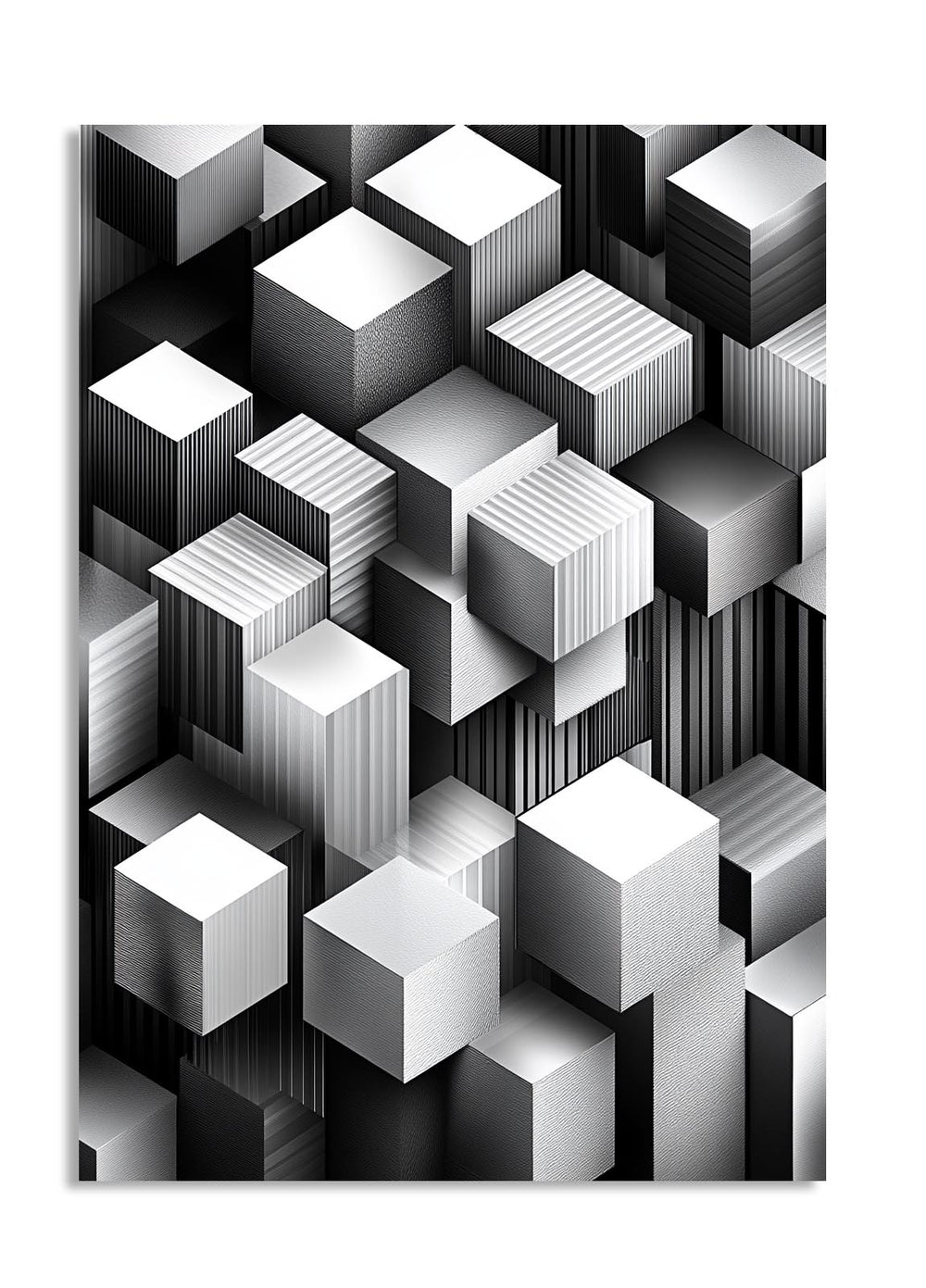 Black and white geometric cube pattern on a textured background, as a premium aluminum metal print from GoMetalPrint.
