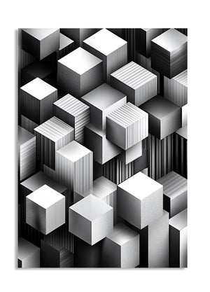 Black and white geometric cube pattern on a textured background, as a premium aluminum metal print from GoMetalPrint.
