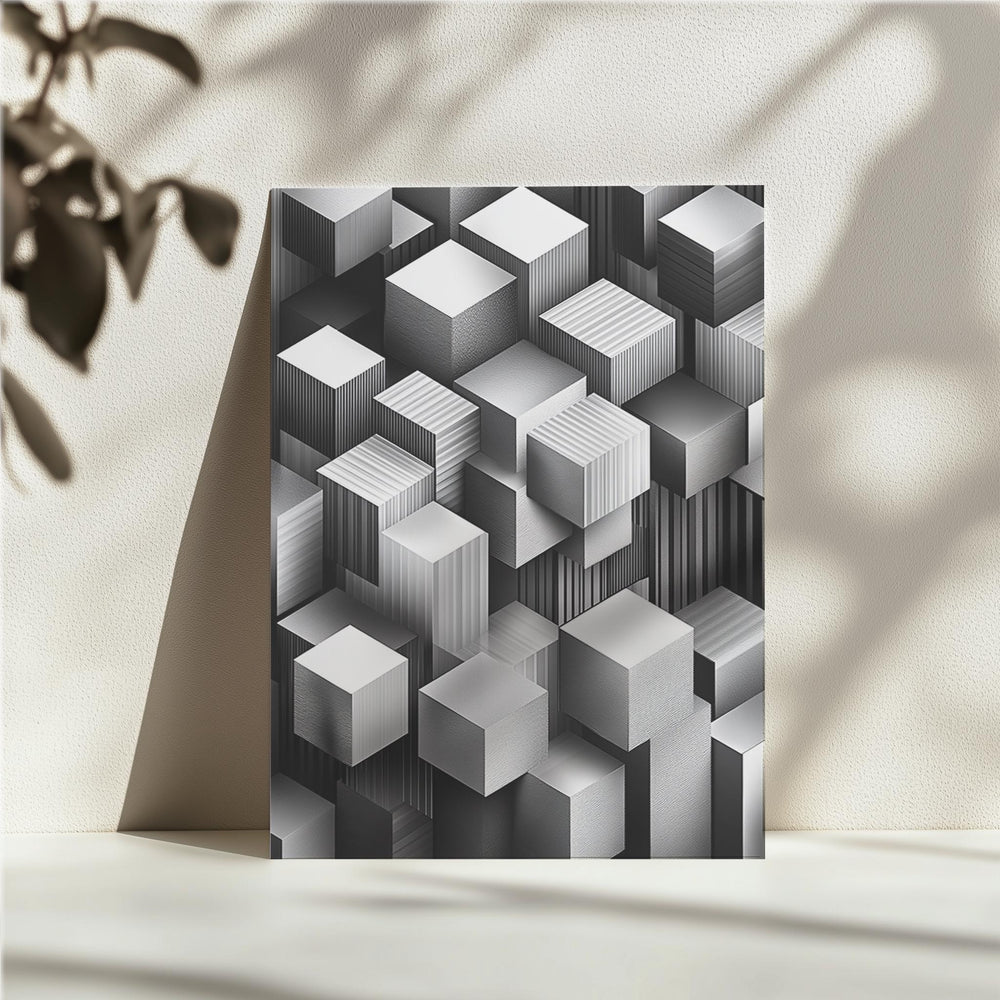Black and white geometric cube pattern on a textured background, as a premium aluminum metal print from GoMetalPrint.
