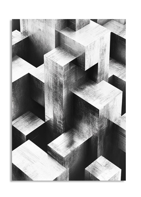 Black and white geometric cube art print, as a premium aluminum metal print from GoMetalPrint.
