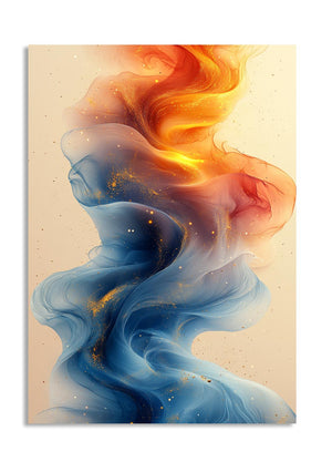 Abstract artwork with swirling colors of blue, orange, and red on a beige background, as a premium aluminum metal print from GoMetalPrint.

