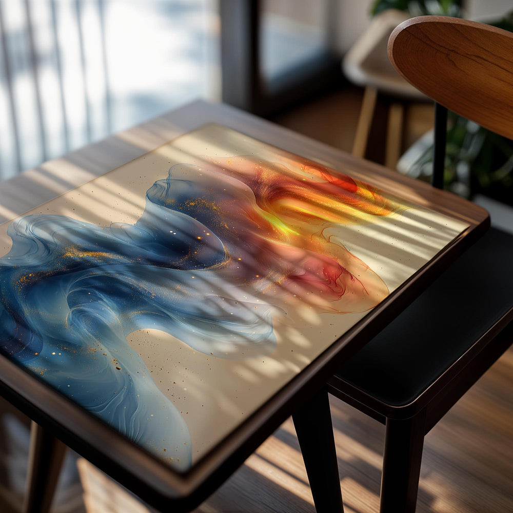 Abstract artwork with swirling colors of blue, orange, and red on a beige background, as a premium aluminum metal print from GoMetalPrint.
