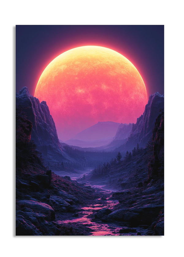 Vibrant alien landscape with a large, colorful planet in the sky, as a premium aluminum metal print from GoMetalPrint.
