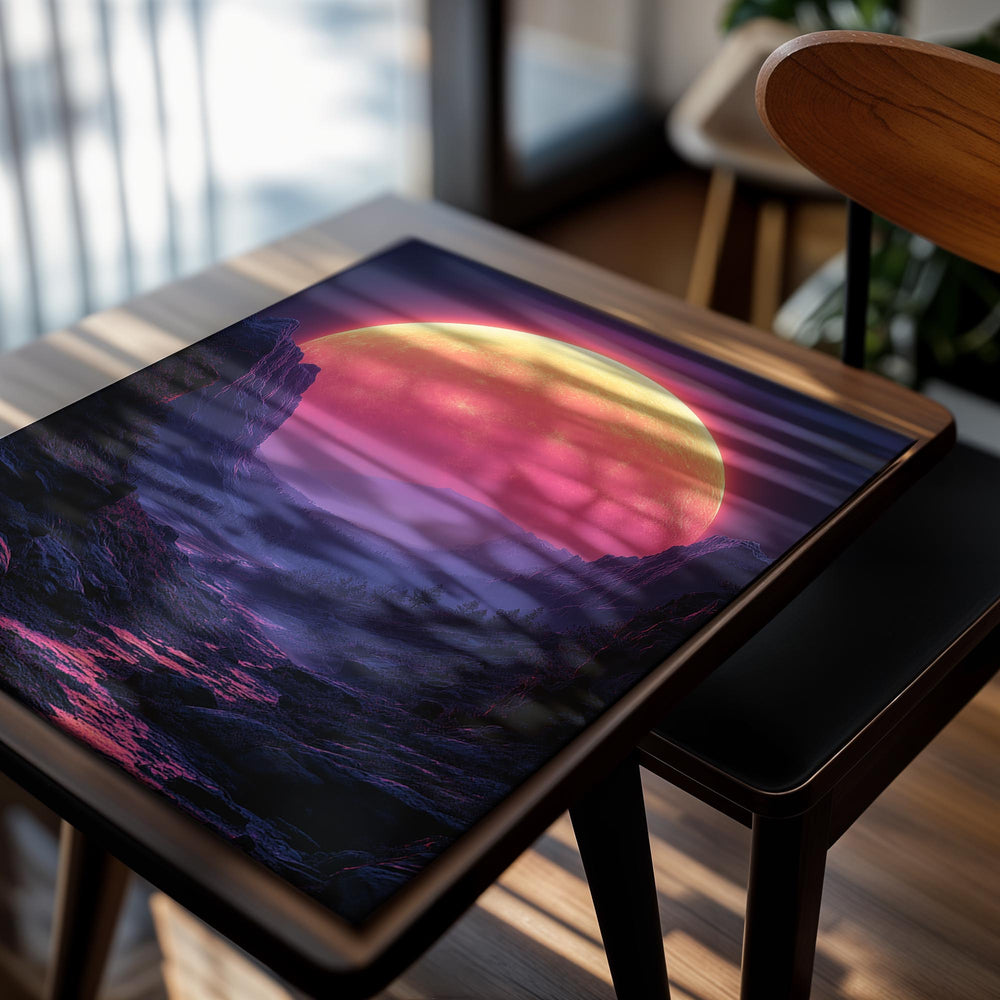 Vibrant alien landscape with a large, colorful planet in the sky, as a premium aluminum metal print from GoMetalPrint.
