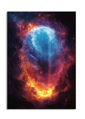 Colorful nebula with vibrant hues of blue, orange, and red against a black background, as a premium aluminum metal print from GoMetalPrint.
