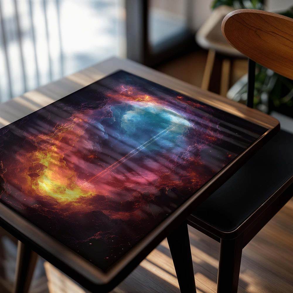 Colorful nebula with vibrant hues of blue, orange, and red against a black background, as a premium aluminum metal print from GoMetalPrint.
