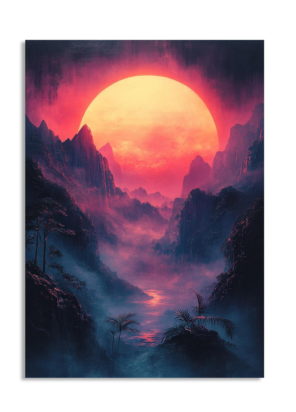 Majestic landscape with a large, fiery sun setting over a mountainous island with palm trees, as a premium aluminum metal print from GoMetalPrint.
