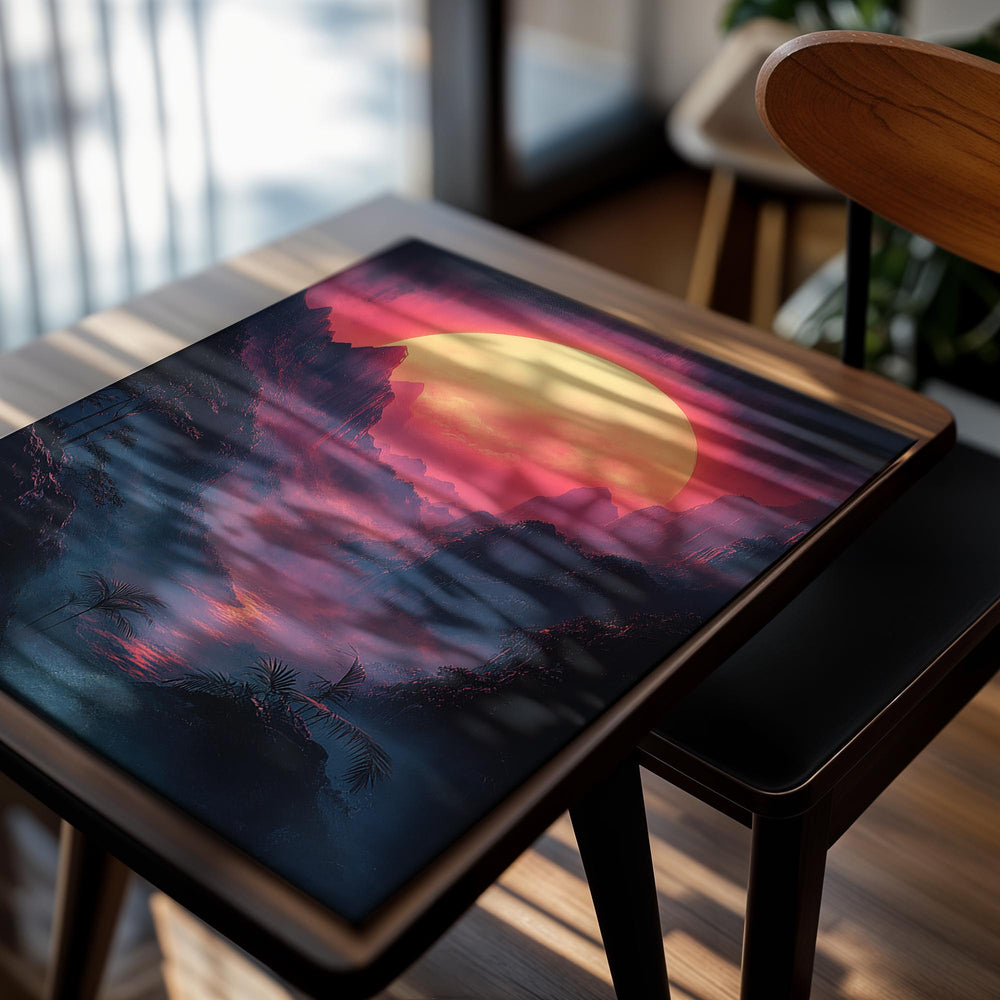 Majestic landscape with a large, fiery sun setting over a mountainous island with palm trees, as a premium aluminum metal print from GoMetalPrint.
