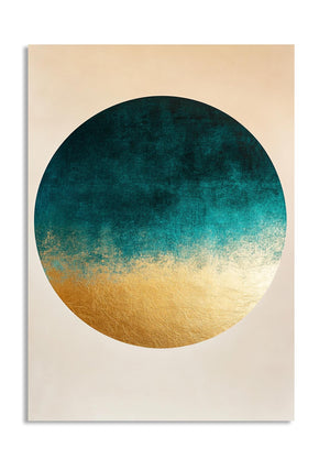 Poster with a circular design transitioning from teal to gold on a beige background , as a premium aluminum metal print from GoMetalPrint.
