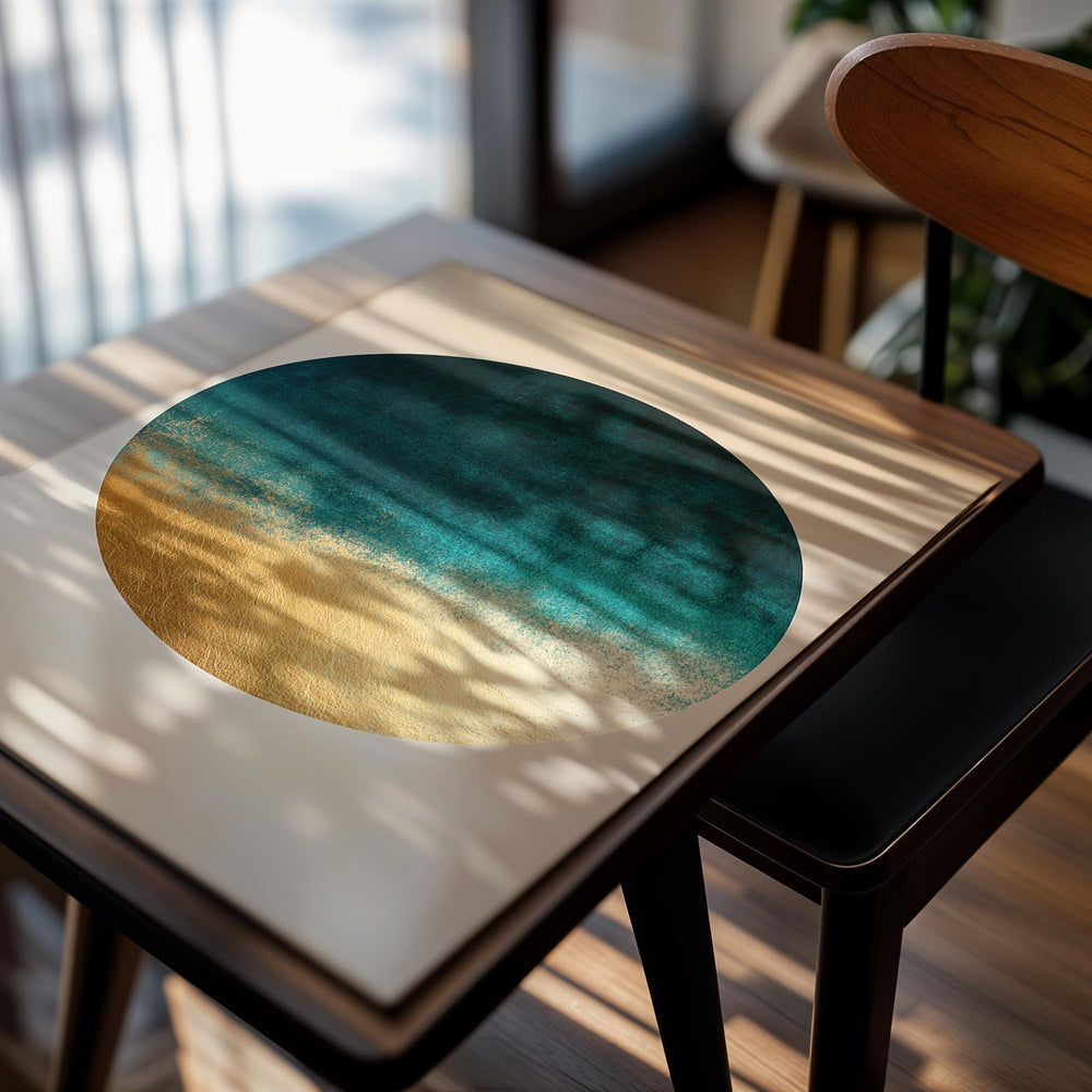 Poster with a circular design transitioning from teal to gold on a beige background , as a premium aluminum metal print from GoMetalPrint.
