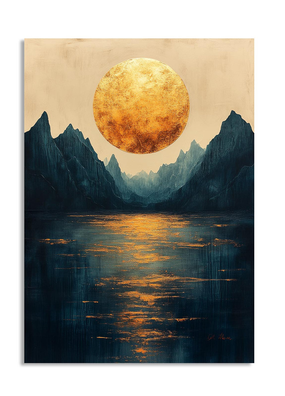 Futuristic landscape with a large golden planet over mountains and water, as a premium aluminum metal print from GoMetalPrint.
