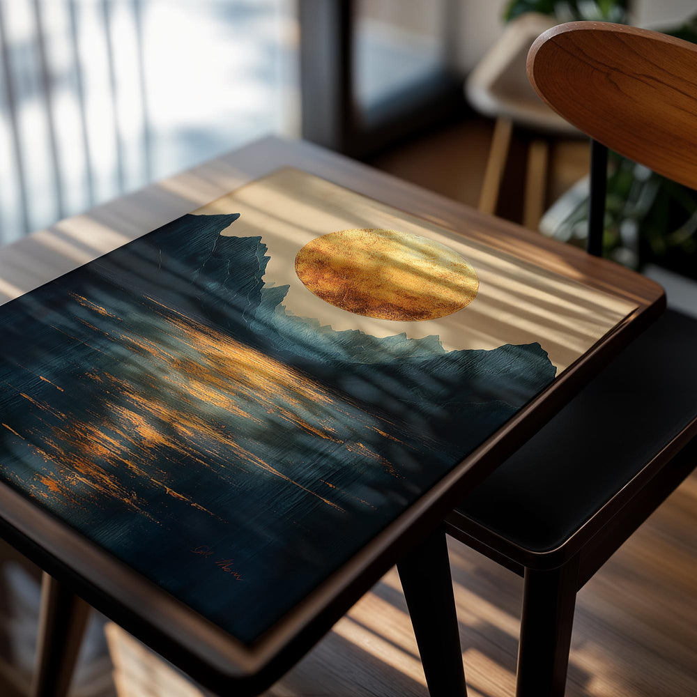 Futuristic landscape with a large golden planet over mountains and water, as a premium aluminum metal print from GoMetalPrint.
