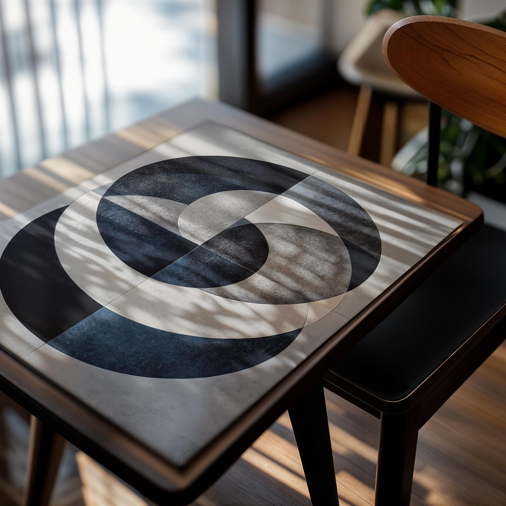 Geometric circular design rug with concentric circles on a gray background, as a premium aluminum metal print from GoMetalPrint.

