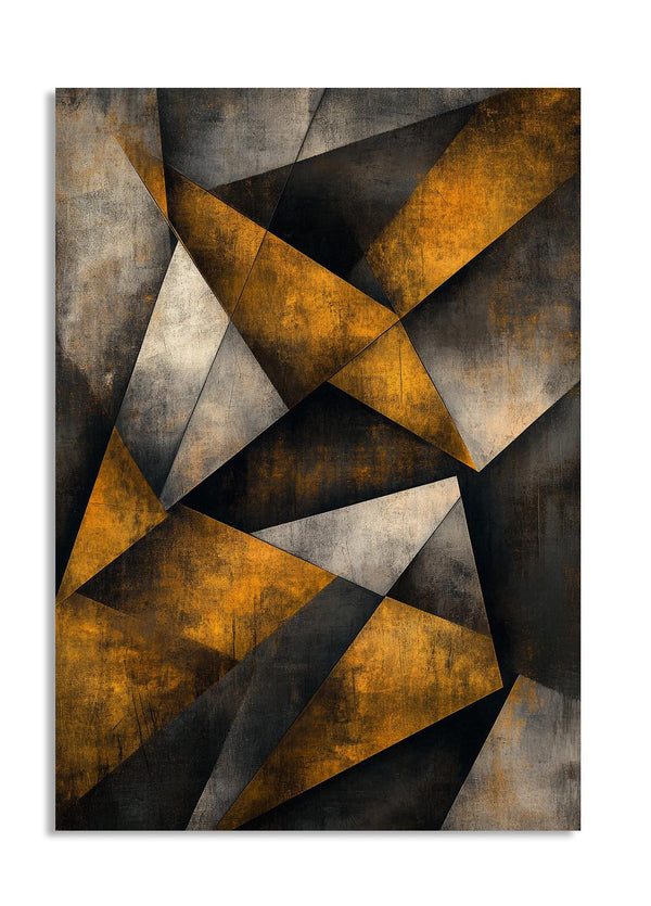Abstract geometric art piece with triangles in gold, black, and gray on a textured background, as a premium aluminum metal print from GoMetalPrint.

