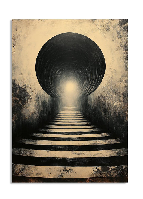 Artistic depiction of a tunnel with steps leading to a light at the end on a textured background, as a premium aluminum metal print from GoMetalPrint.
