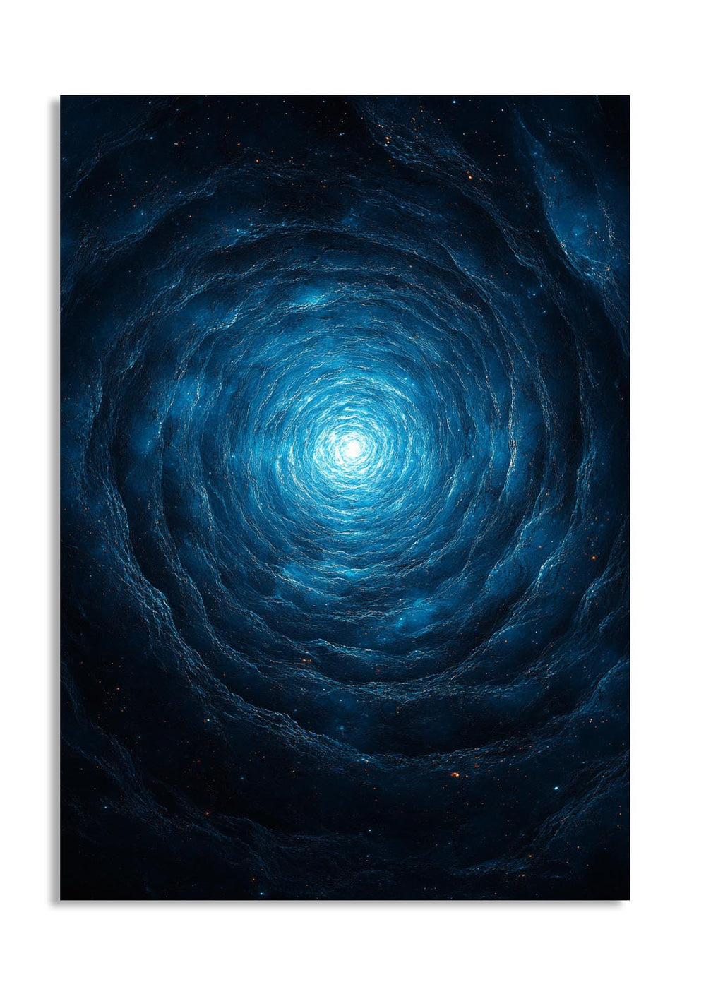 Spiral galaxy image with a bright center on a dark background, as a premium aluminum metal print from GoMetalPrint.
