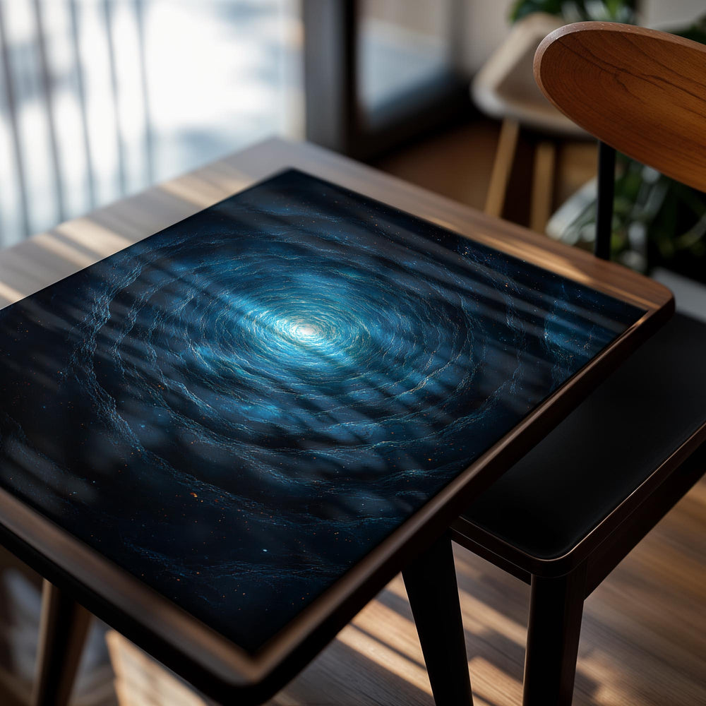Spiral galaxy image with a bright center on a dark background, as a premium aluminum metal print from GoMetalPrint.
