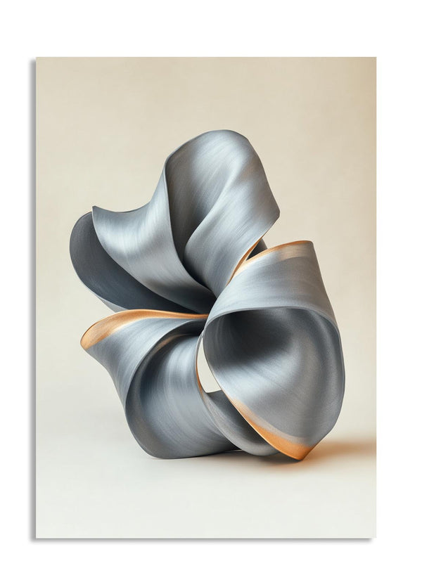 Abstract metallic sculpture on a beige background, as a premium aluminum metal print from GoMetalPrint.
