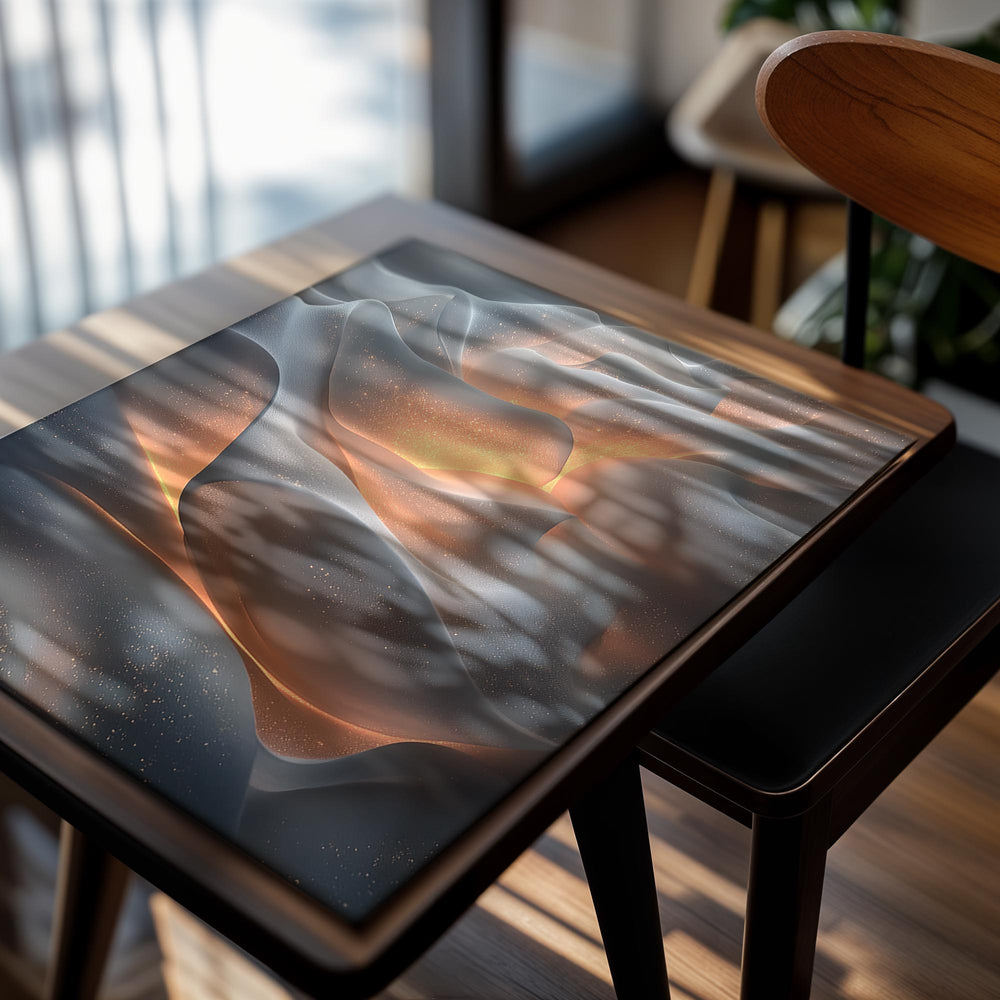 Abstract wavy design with orange and gray colors on a white background, as a premium aluminum metal print from GoMetalPrint.
