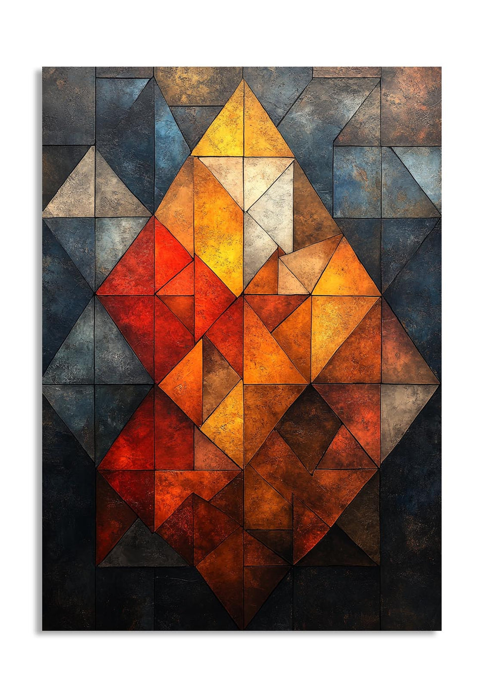 Geometric abstract art piece with triangles in various colors on a white background , as a premium aluminum metal print from GoMetalPrint.
