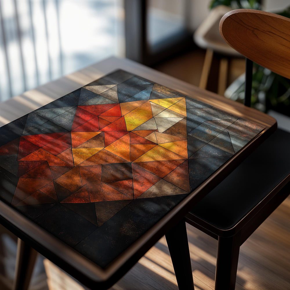 Geometric abstract art piece with triangles in various colors on a white background , as a premium aluminum metal print from GoMetalPrint.
