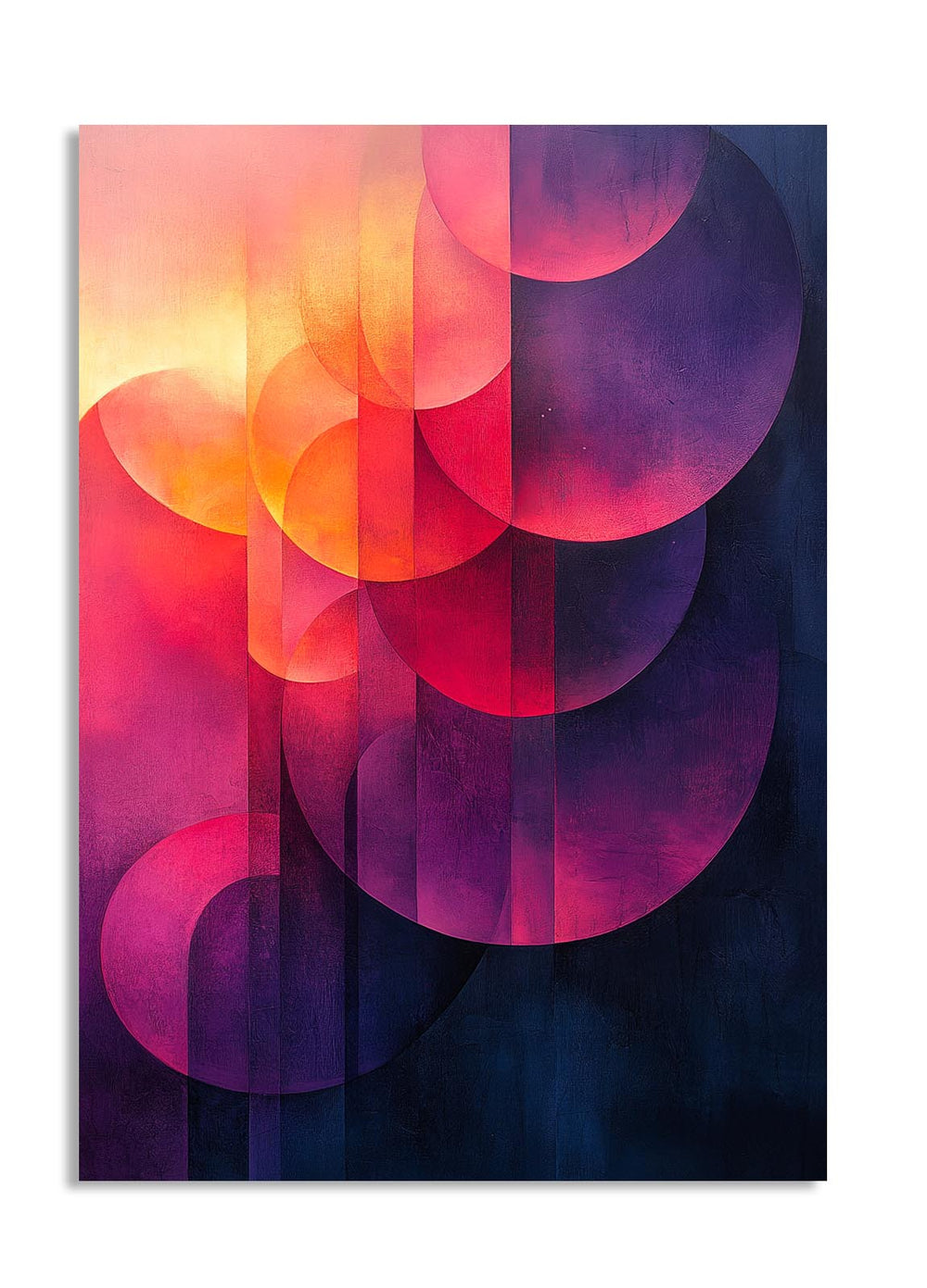 Abstract art print with colorful circles on a white background, as a premium aluminum metal print from GoMetalPrint.
