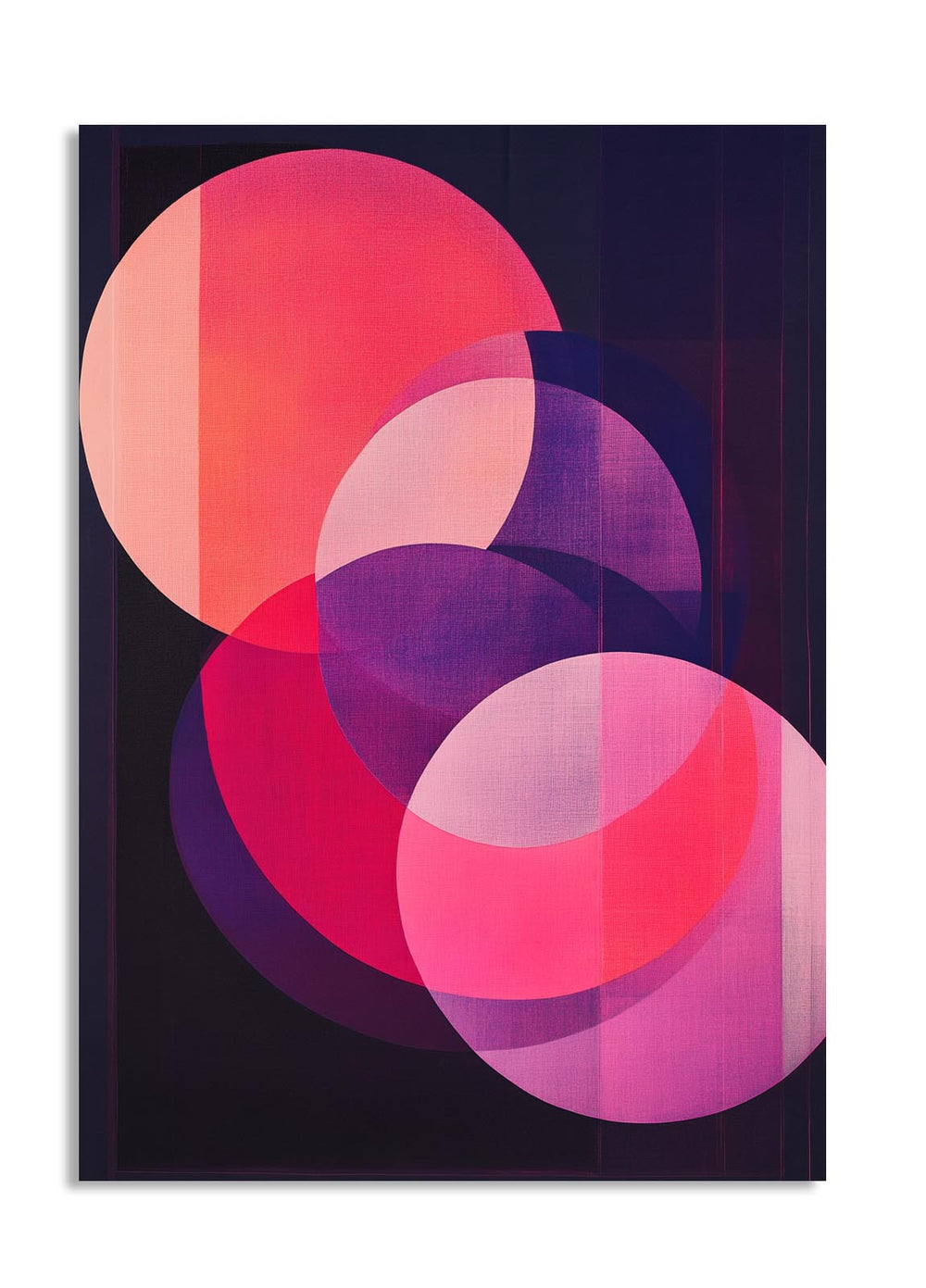 Abstract art print with pink and purple circles on a black background, as a premium aluminum metal print from GoMetalPrint.
