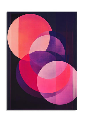 Abstract art print with pink and purple circles on a black background, as a premium aluminum metal print from GoMetalPrint.
