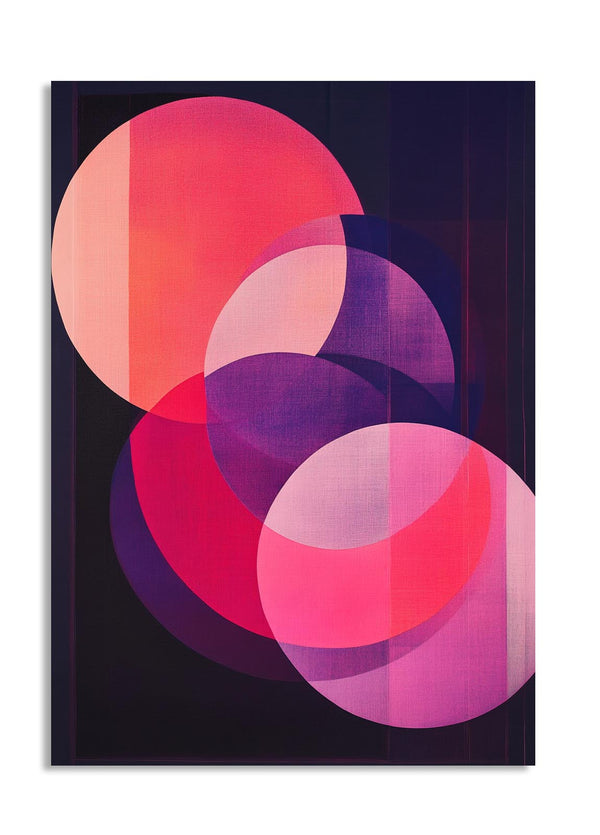 Abstract art print with pink and purple circles on a black background, as a premium aluminum metal print from GoMetalPrint.
