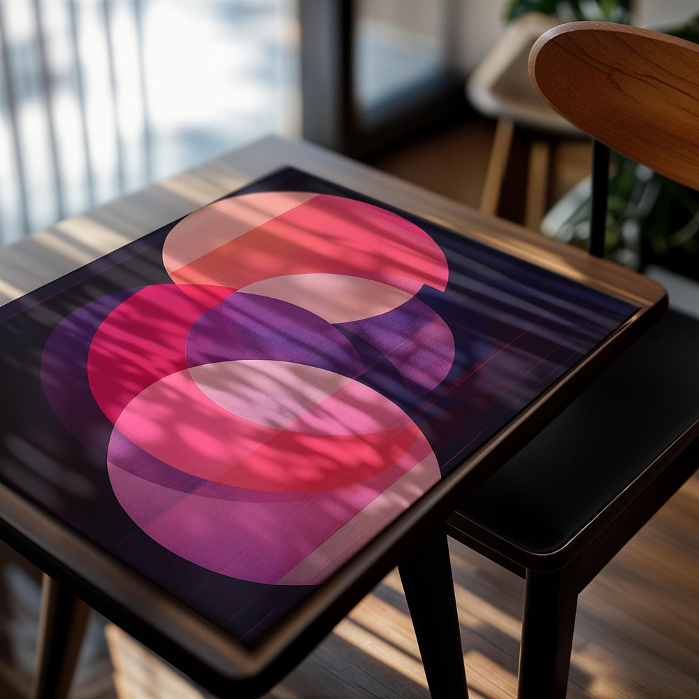 Abstract art print with pink and purple circles on a black background, as a premium aluminum metal print from GoMetalPrint.
