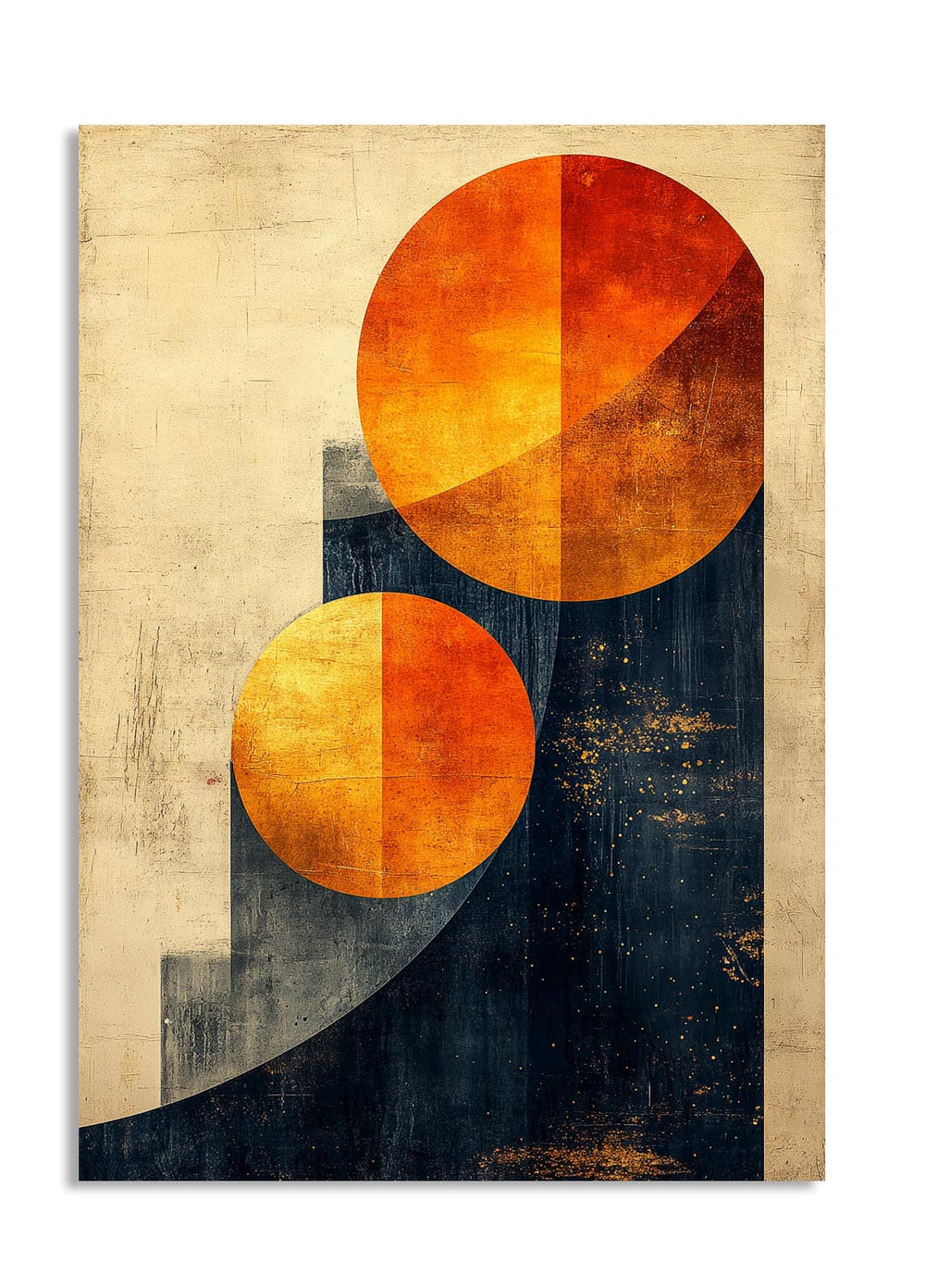 Abstract art print with two orange circles on a textured beige and black background , as a premium aluminum metal print from GoMetalPrint.
