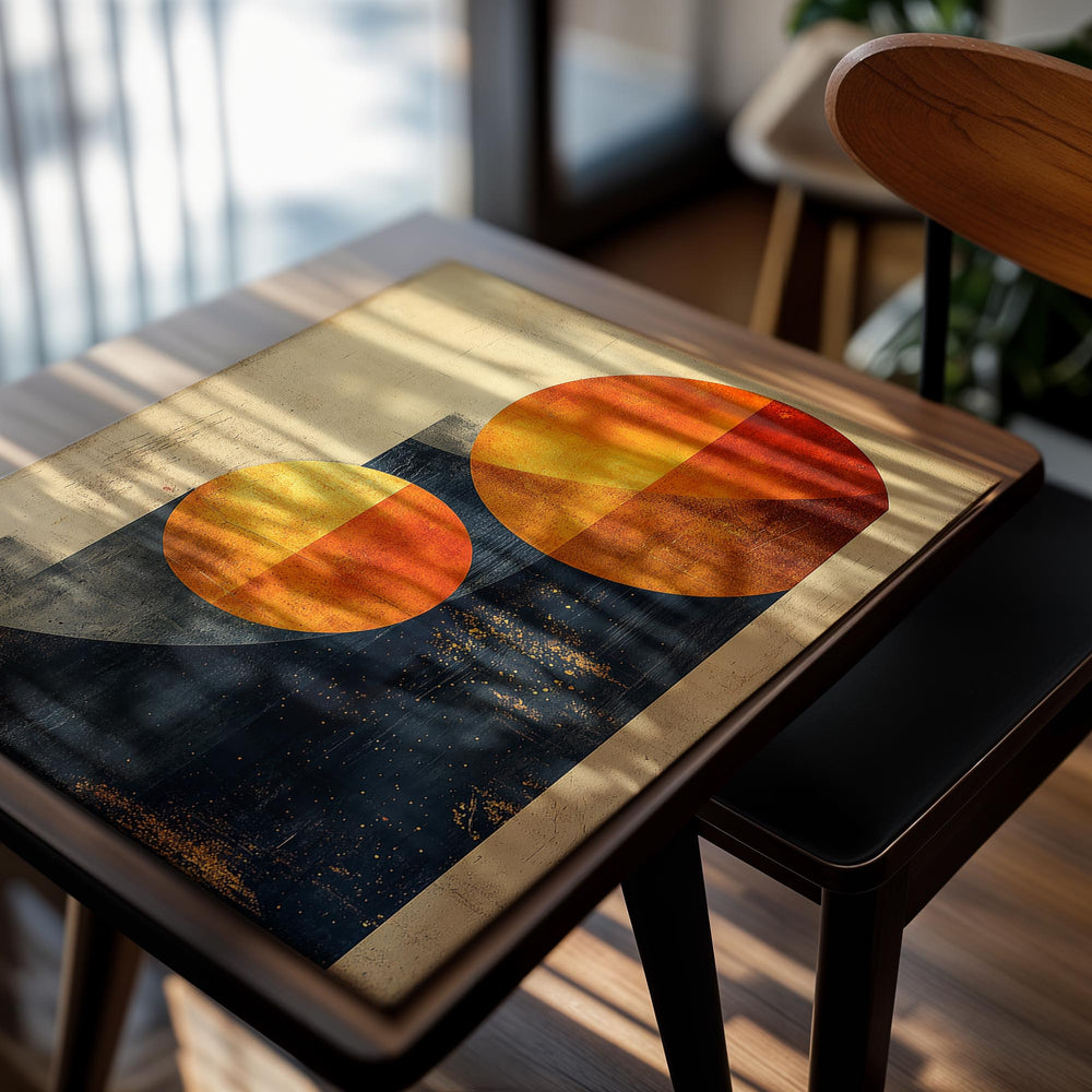 Abstract art print with two orange circles on a textured beige and black background , as a premium aluminum metal print from GoMetalPrint.
