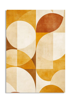 Rug with geometric pattern in orange, beige, and brown on a white background, as a premium aluminum metal print from GoMetalPrint.
