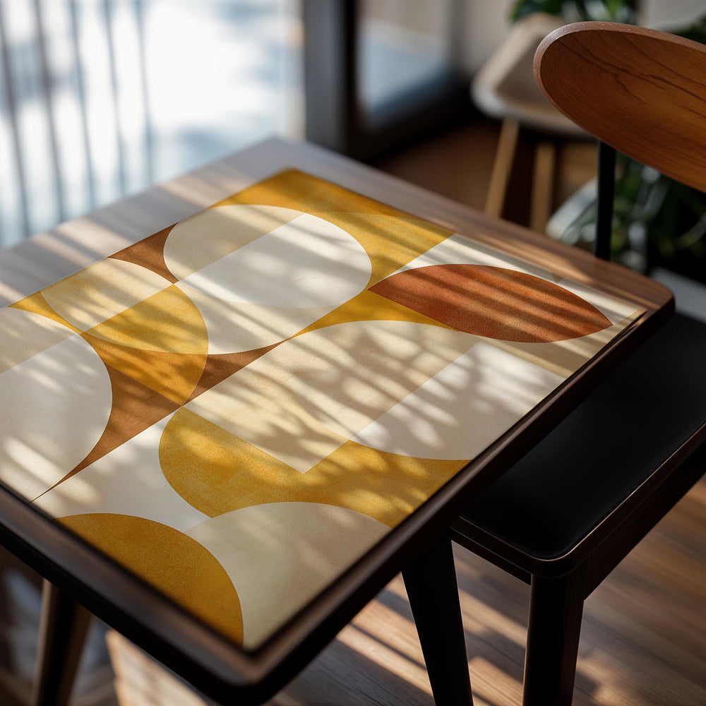 Rug with geometric pattern in orange, beige, and brown on a white background, as a premium aluminum metal print from GoMetalPrint.

