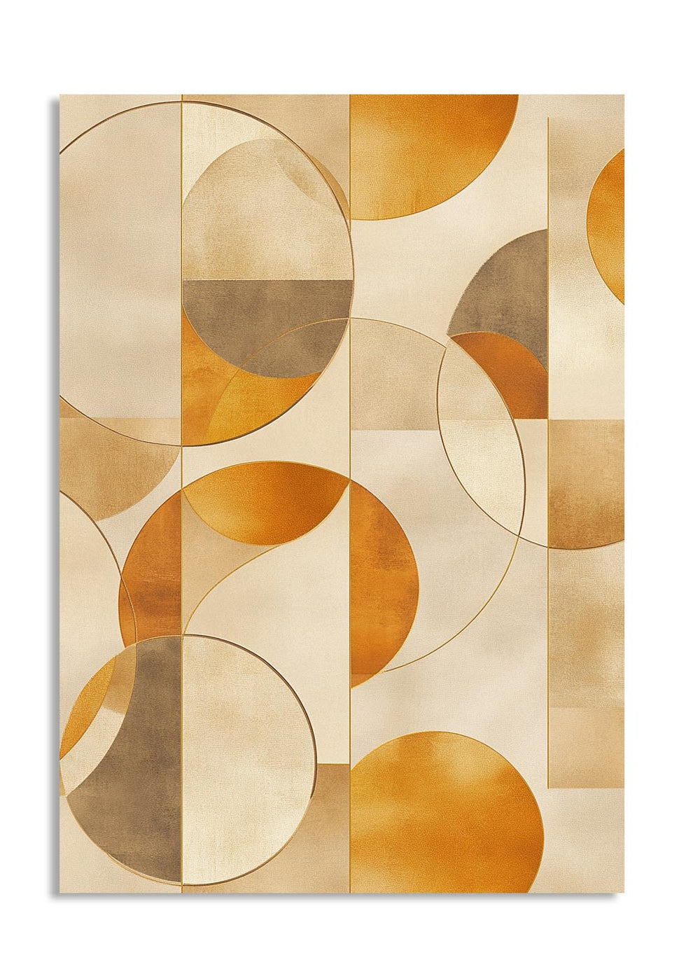 Abstract art print with geometric shapes in earthy tones on a beige background, as a premium aluminum metal print from GoMetalPrint.

