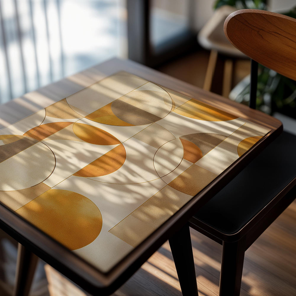 Abstract art print with geometric shapes in earthy tones on a beige background, as a premium aluminum metal print from GoMetalPrint.
