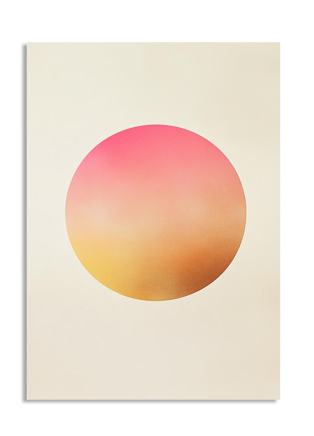 Gradient circle transitioning from pink to orange on a beige background, as a premium aluminum metal print from GoMetalPrint.
