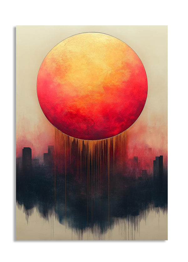 Artistic depiction of a large red sun over a silhouette of a city skyline on a beige background, as a premium aluminum metal print from GoMetalPrint.
