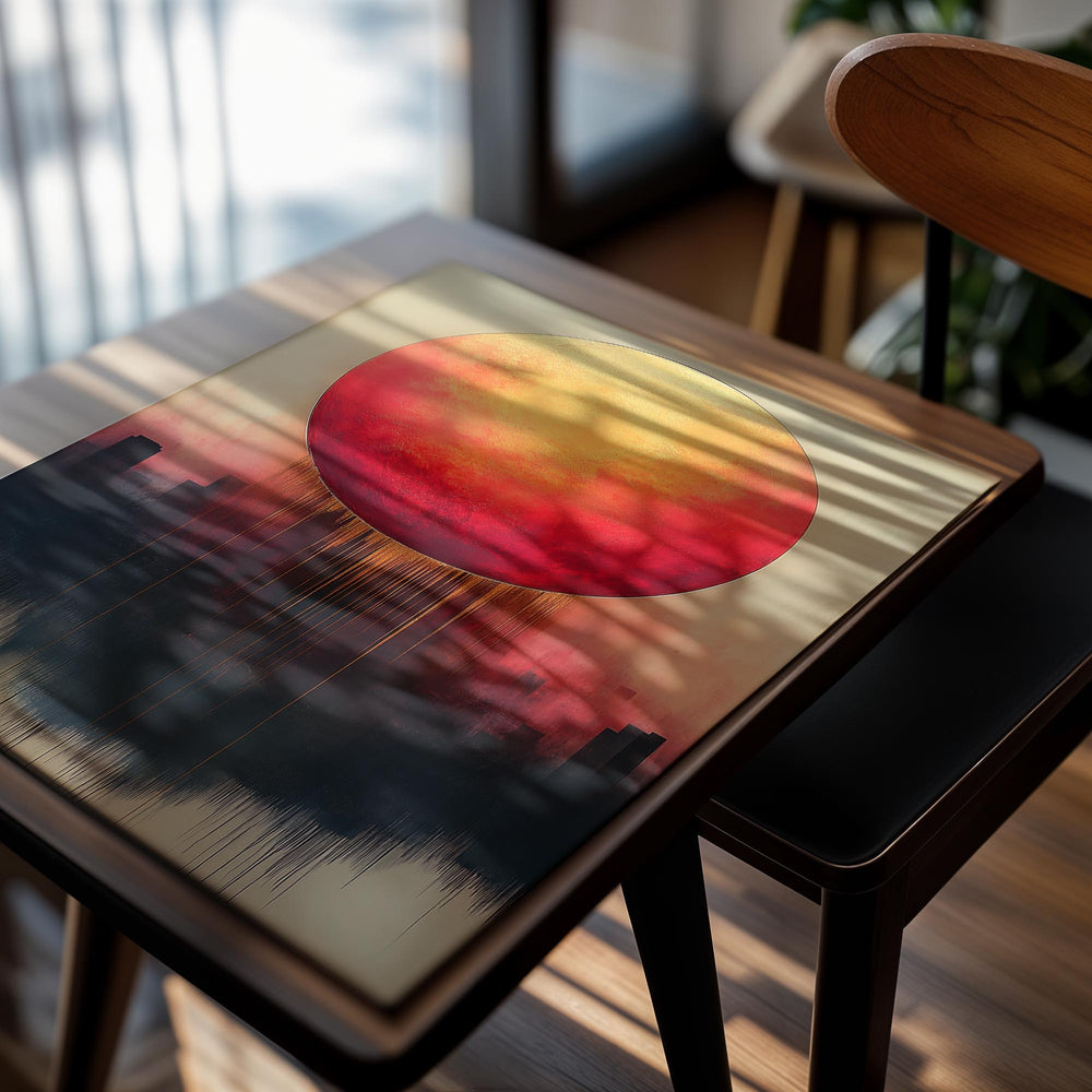 Artistic depiction of a large red sun over a silhouette of a city skyline on a beige background, as a premium aluminum metal print from GoMetalPrint.
