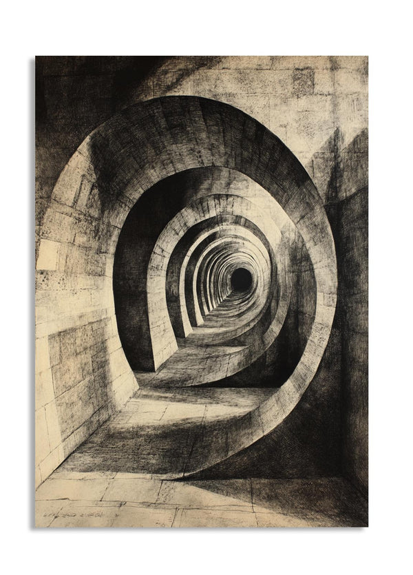 Artistic depiction of a tunnel with concentric circles on a textured background, as a premium aluminum metal print from GoMetalPrint.
