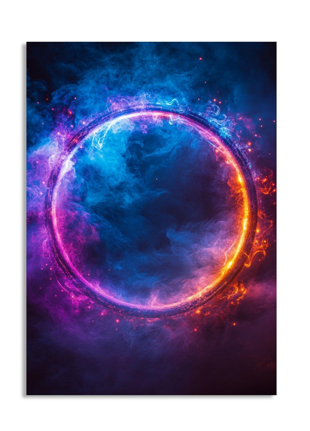 Colorful circular nebula with blue, orange, and purple hues on a dark background, as a premium aluminum metal print from GoMetalPrint.
