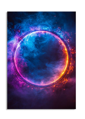 Colorful circular nebula with blue, orange, and purple hues on a dark background, as a premium aluminum metal print from GoMetalPrint.
