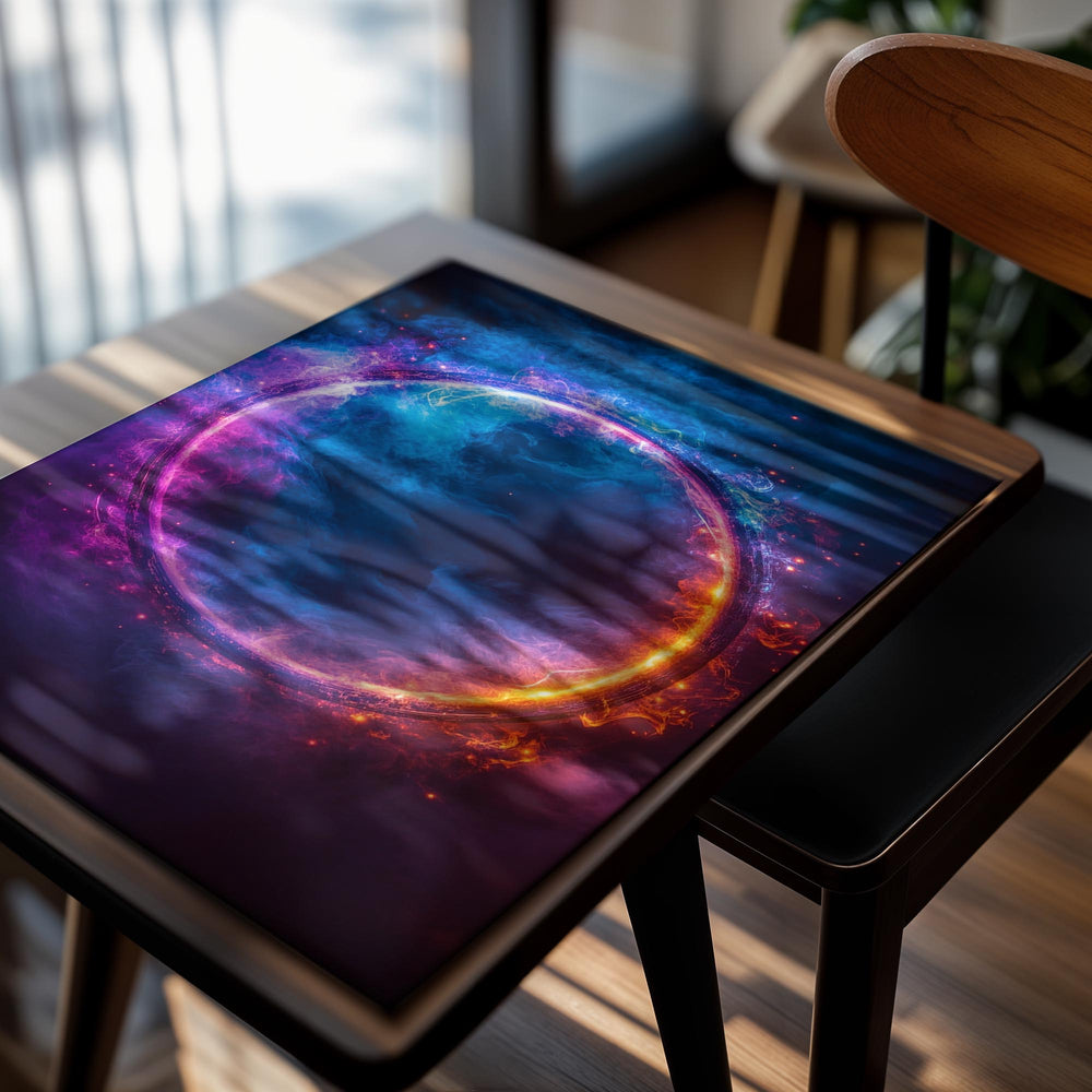 Colorful circular nebula with blue, orange, and purple hues on a dark background, as a premium aluminum metal print from GoMetalPrint.
