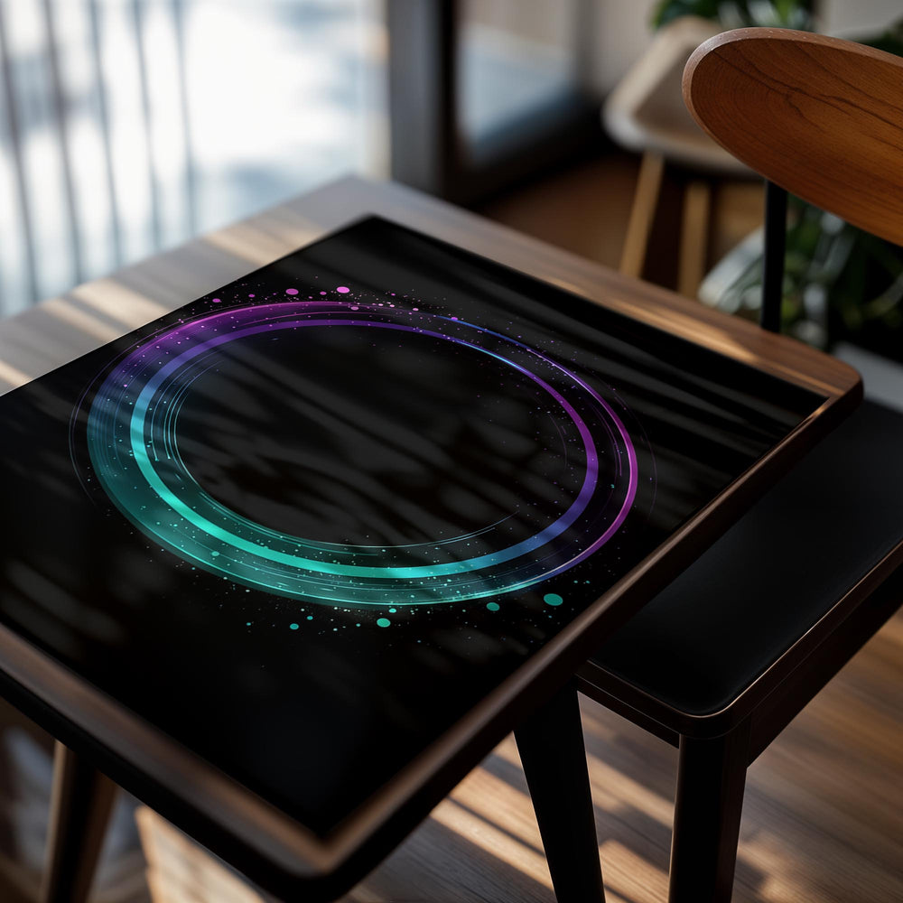 Geometric design with concentric circles in purple and blue on a black background , as a premium aluminum metal print from GoMetalPrint.
