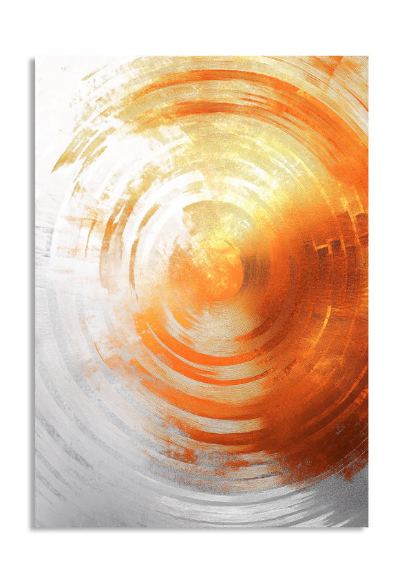 Abstract art piece with concentric circular patterns in orange and white on a white background, as a premium aluminum metal print from GoMetalPrint.
